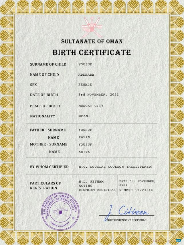 Download Oman vital record birth certificate PSD template Photoshop template
